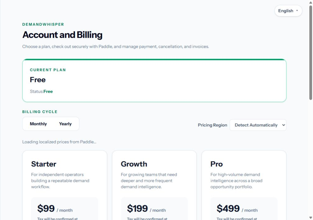 DemandWhisper Billing plans with Starter Growth and Pro pricing