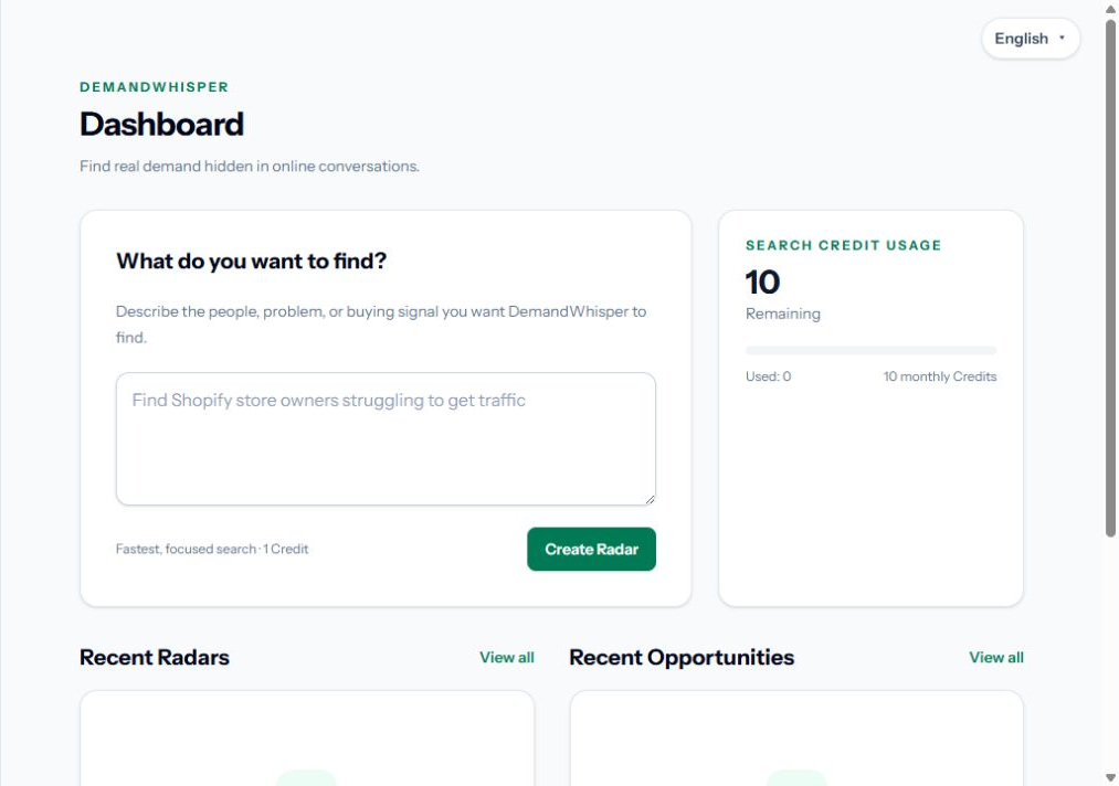 DemandWhisper dashboard showing Radar creation and Search Credit usage