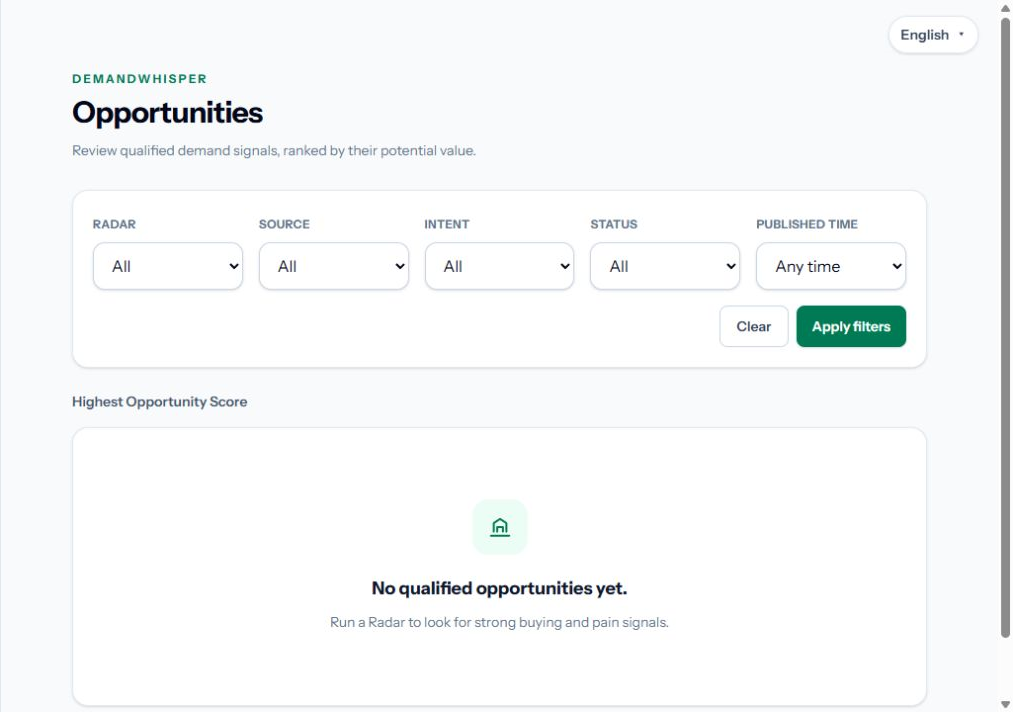 DemandWhisper opportunity filters and qualified opportunity workflow